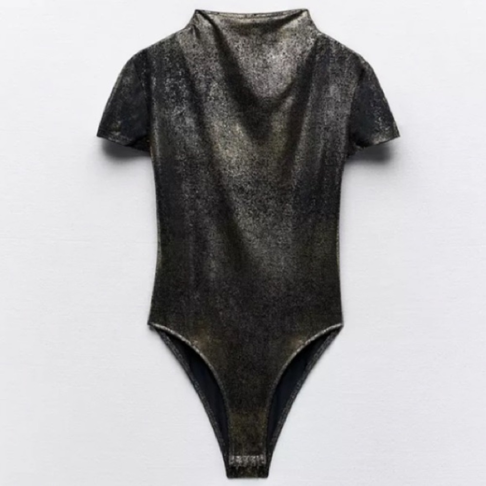 Zara Metallic Black Short Sleeve Bodysuit